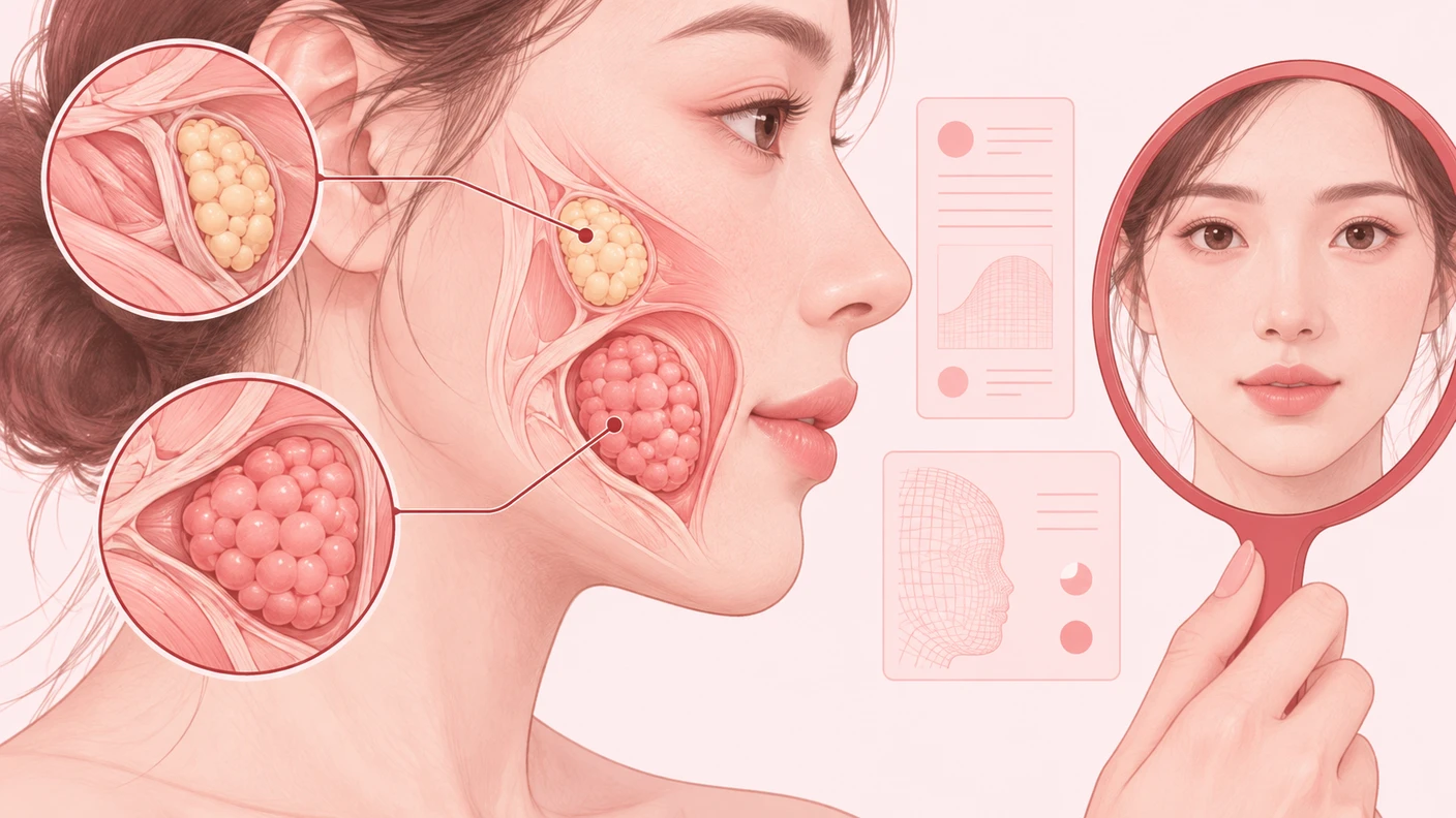 볼 표면과 입가 옆 깊은 부위의 볼륨 차이를 보여 주며, 심부볼 제거가 어느 층의 문제를 봐야 하는지 암시하는 장면