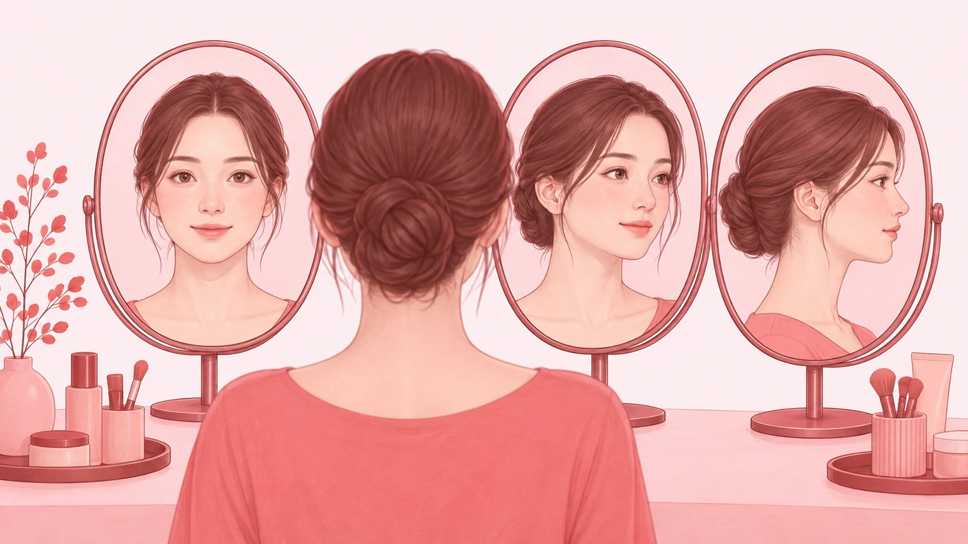 정면과 사선, 측면 거울에 비친 볼라인 변화를 통해 심부볼 제거 후 둔탁함이 줄어드는 예후를 표현한 장면