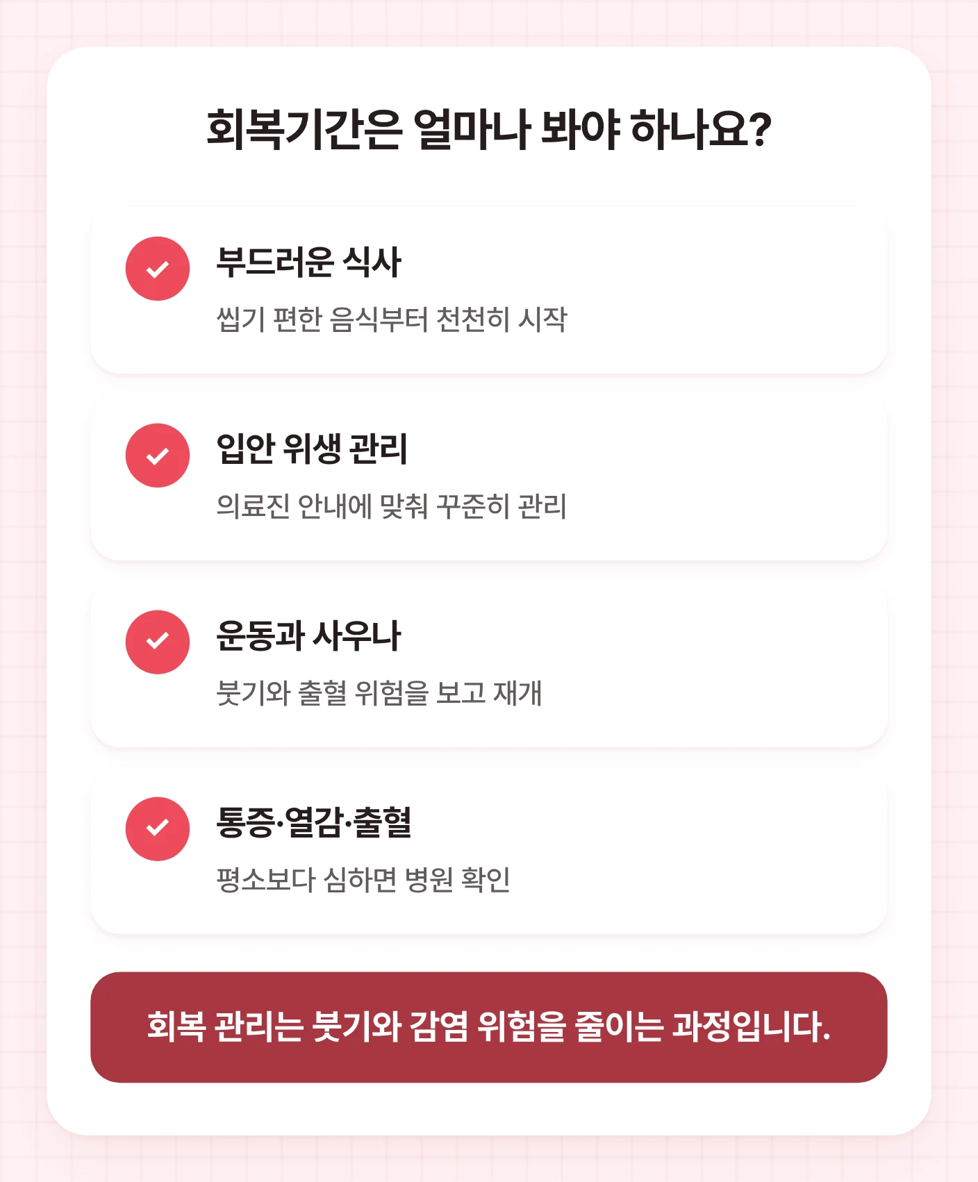 심부볼 제거 후 회복기간에 확인할 식사, 구강관리, 운동과 사우나 재개, 통증과 출혈 점검 항목을 정리한 도식