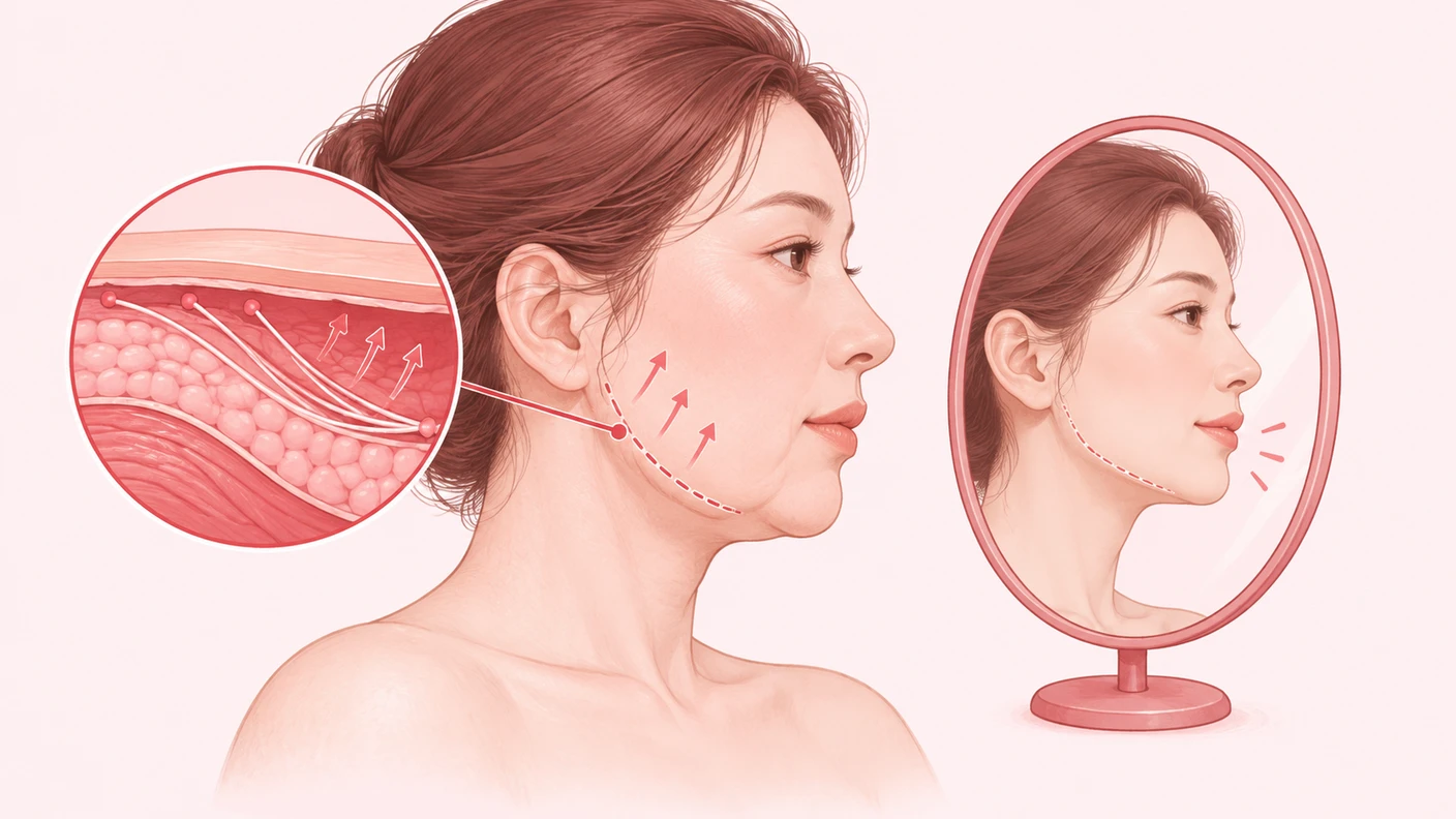 얼굴 실리프팅이 처진 볼과 턱선을 의료용 실로 지지해 윤곽 흐름을 정돈하는 개념을 보여준다.