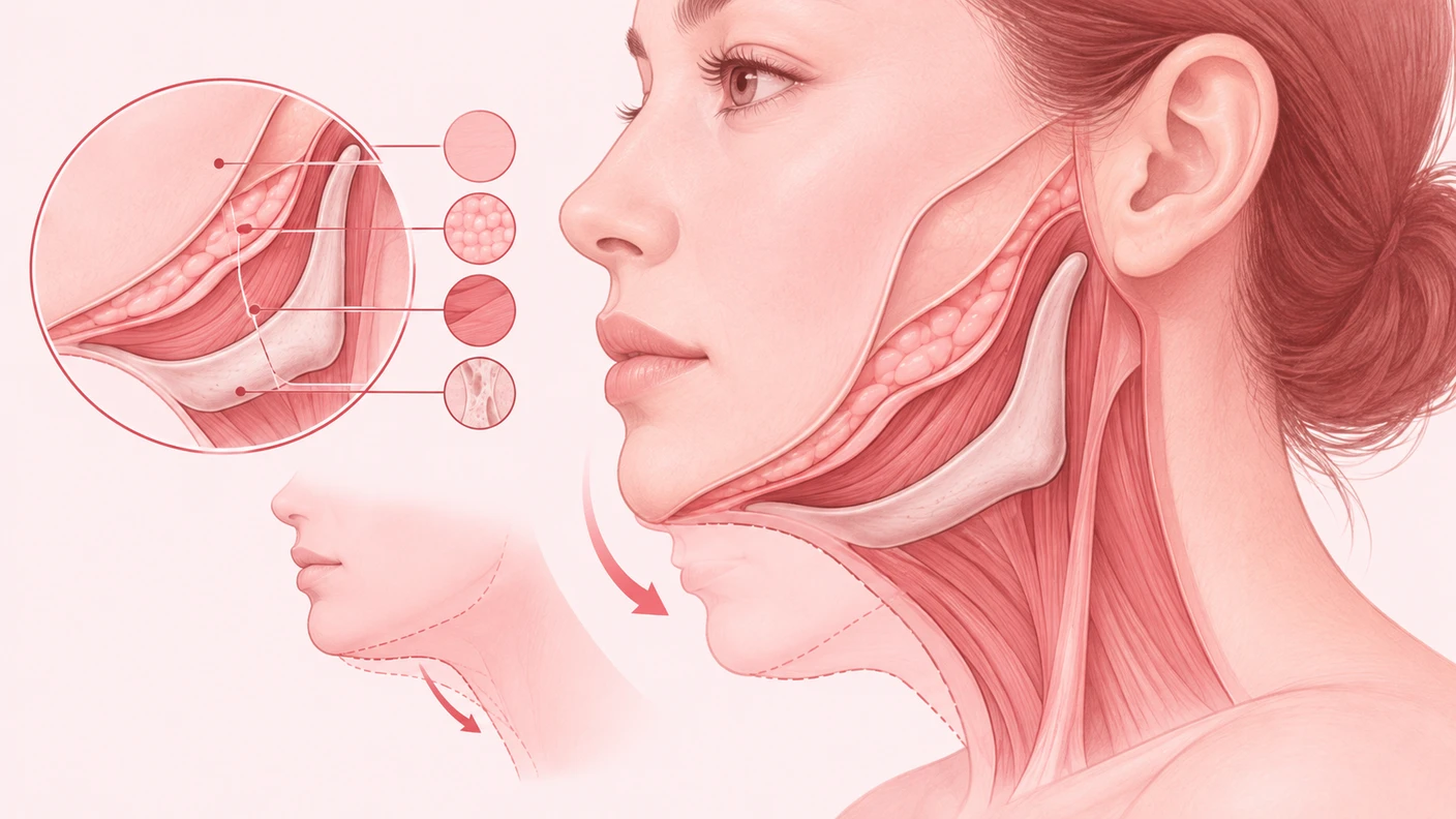 在判斷50多歲拉皮時,比起年齡,更要一起觀察皮膚下方組織下垂、下顎線、深層頰部、頸部線條連接的概念場景