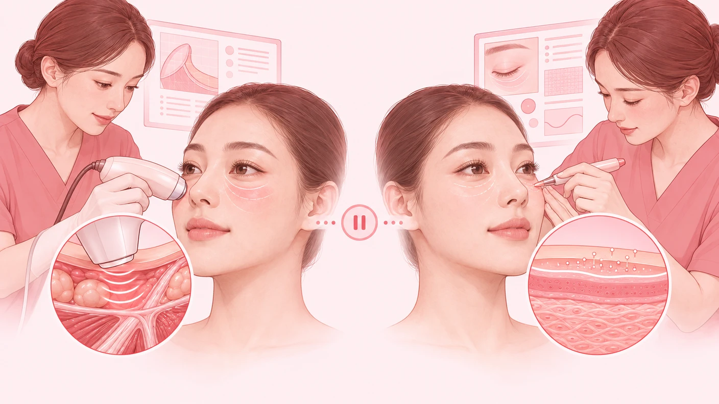呈現下眼瞼整形是整理結構、麗珠蘭黑盒子是輔助皮膚狀態這種作用差異的圖片