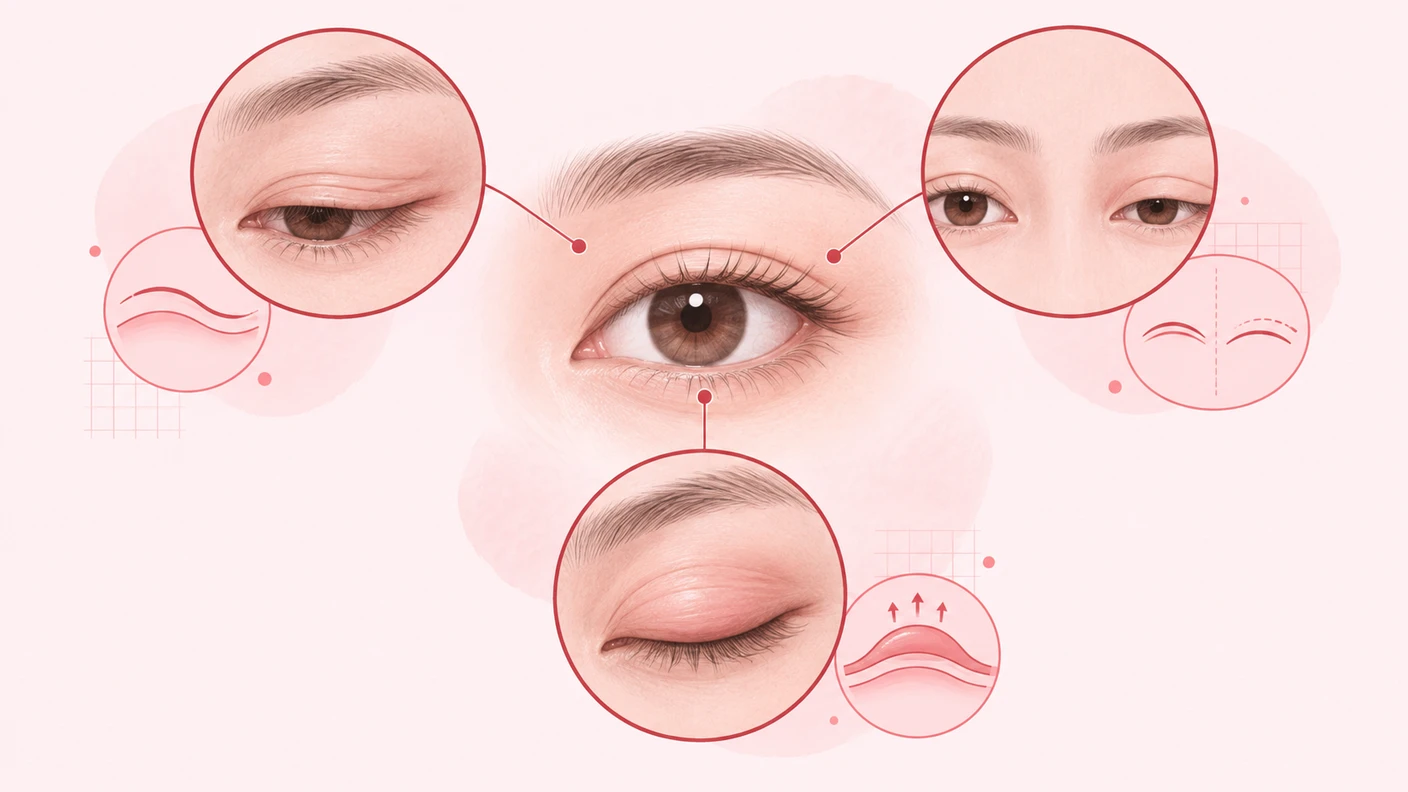 눈재수술이 필요한 대표 신호인 라인 풀림, 비대칭, 두꺼운 라인을 글자 없이 개념적으로 보여주는 장면