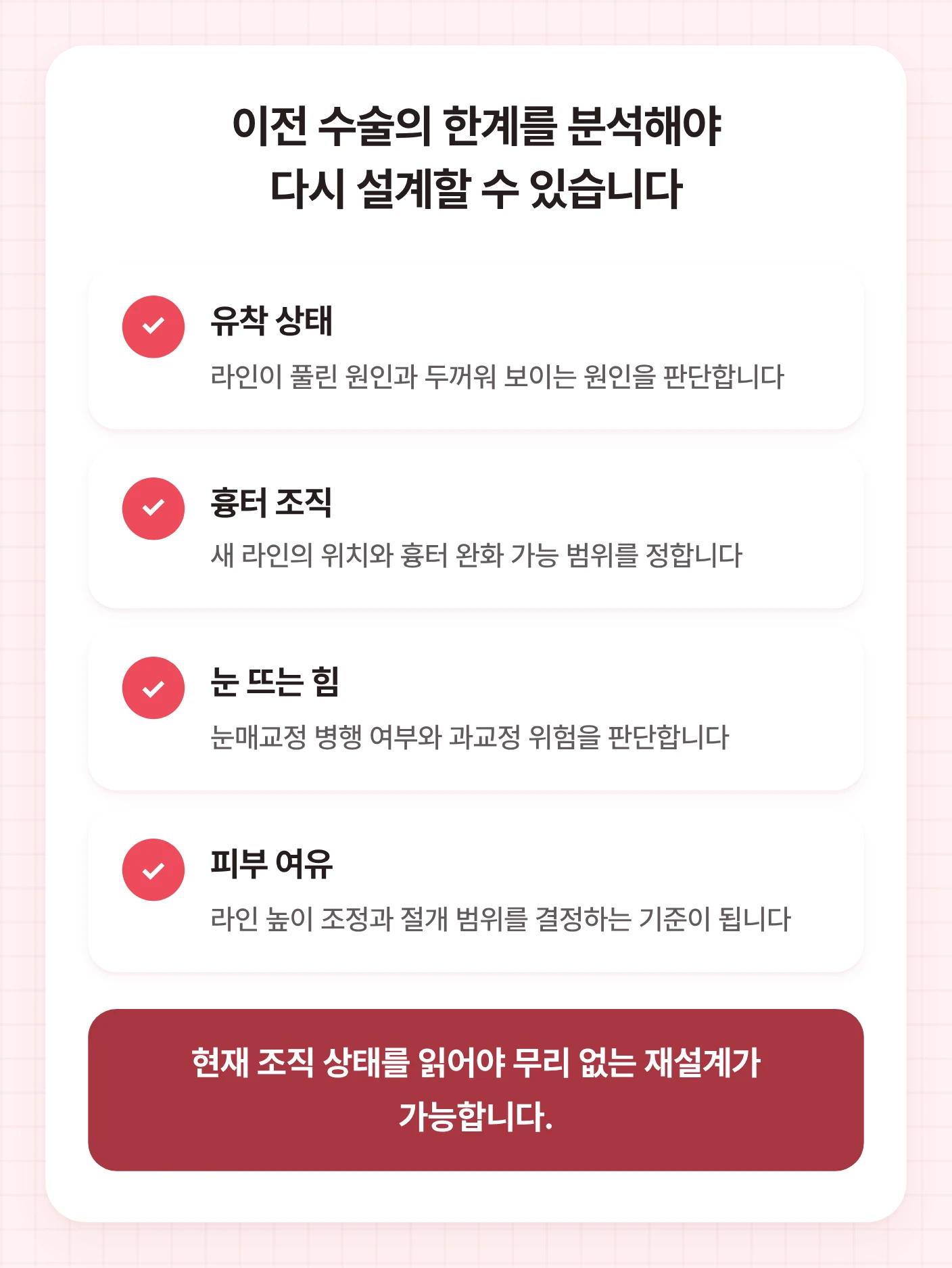 눈재수술 재설계 전 확인할 유착 상태, 흉터 조직, 눈 뜨는 힘, 피부 여유 기준을 정리한 도식