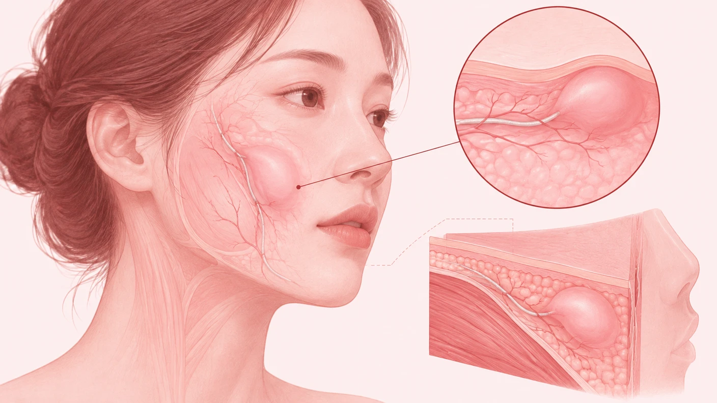 실리프팅 멍이 실과 바늘의 경로, 피부 아래 혈관 자극, 붓기 반응과 함께 보일 수 있음을 개념적으로 표현한 이미지