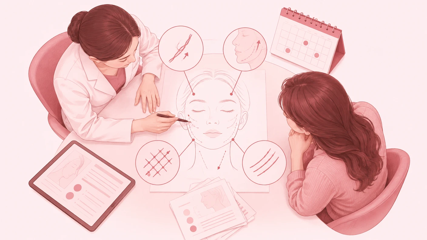 실리프팅 멍 회복 변수인 시술 범위, 방향, 피부 상태, 일정 계획을 상담에서 함께 확인하는 장면을 표현한 이미지