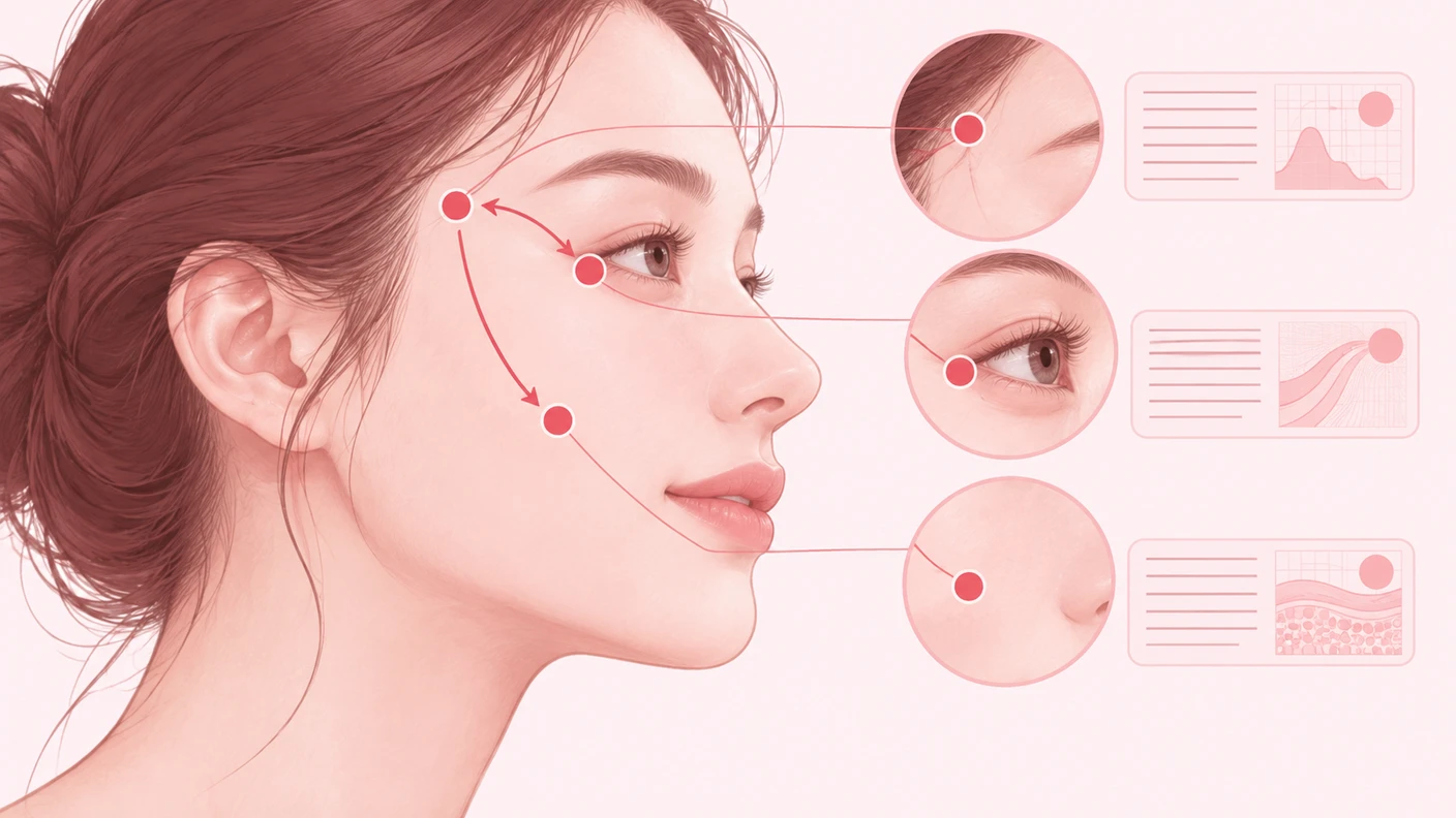 처진 눈가를 눈꼬리만이 아니라 관자와 볼 위쪽 흐름까지 함께 보는 관점을 표현한 개념 이미지