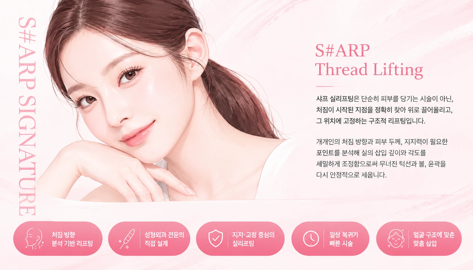 얼굴 윤곽이 매끄럽고 피부가 탄력 있어 보이는 여성의 옆모습 일러스트와 함께 샤프 실리프팅의 특징과 장점, 시술 과정이 설명된 홍보물. 맞춤형 디자인의 중요성을 보여주며 실리프팅 비용 가치를 나타내는 정보.