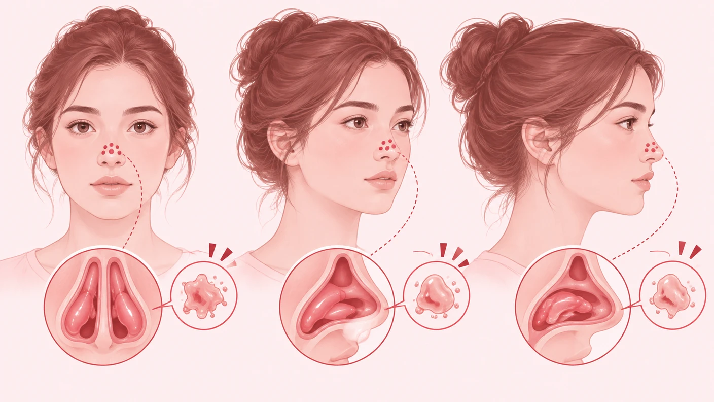 복코수술 전 정면, 45도, 측면에서 코끝과 콧볼, 이상 신호를 함께 확인하는 장면