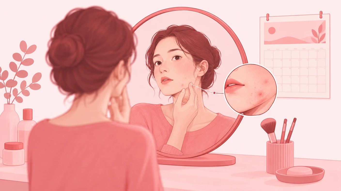 거울 앞에서 턱선을 살피는 모습으로 얼굴지방흡입 멍의 회복 기간과 외출 전 불안을 상징한 장면