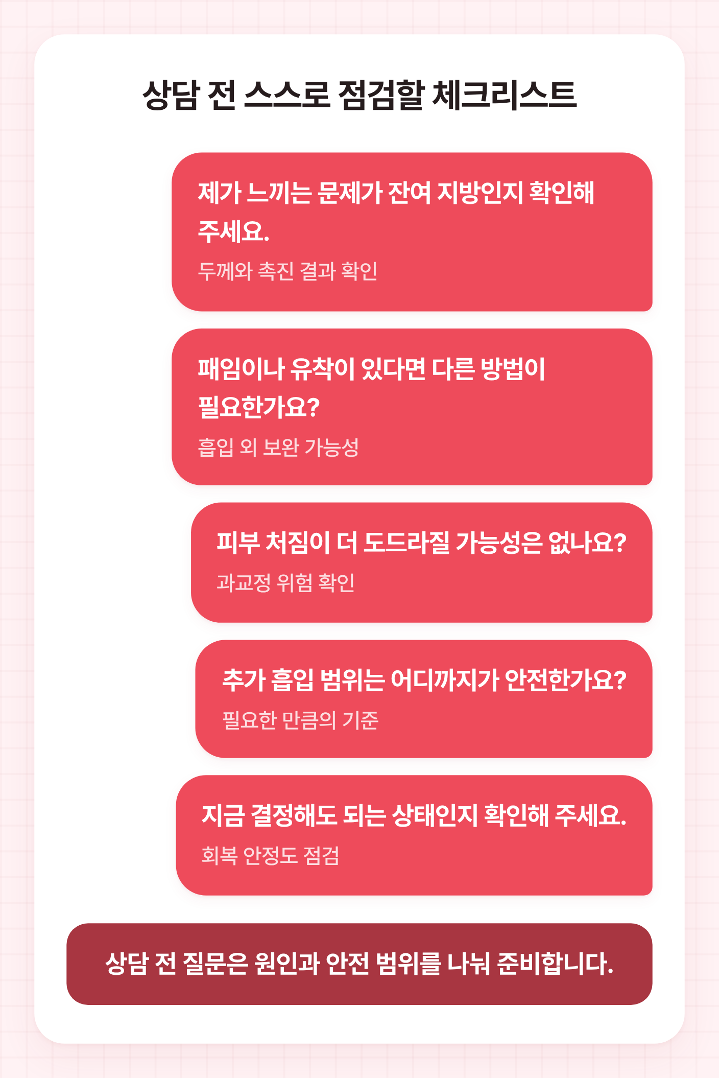 얼지흡 재수술 상담 전 잔여 지방, 유착, 피부 처짐, 추가 흡입 범위, 결정 시점을 물어보는 질문 목록