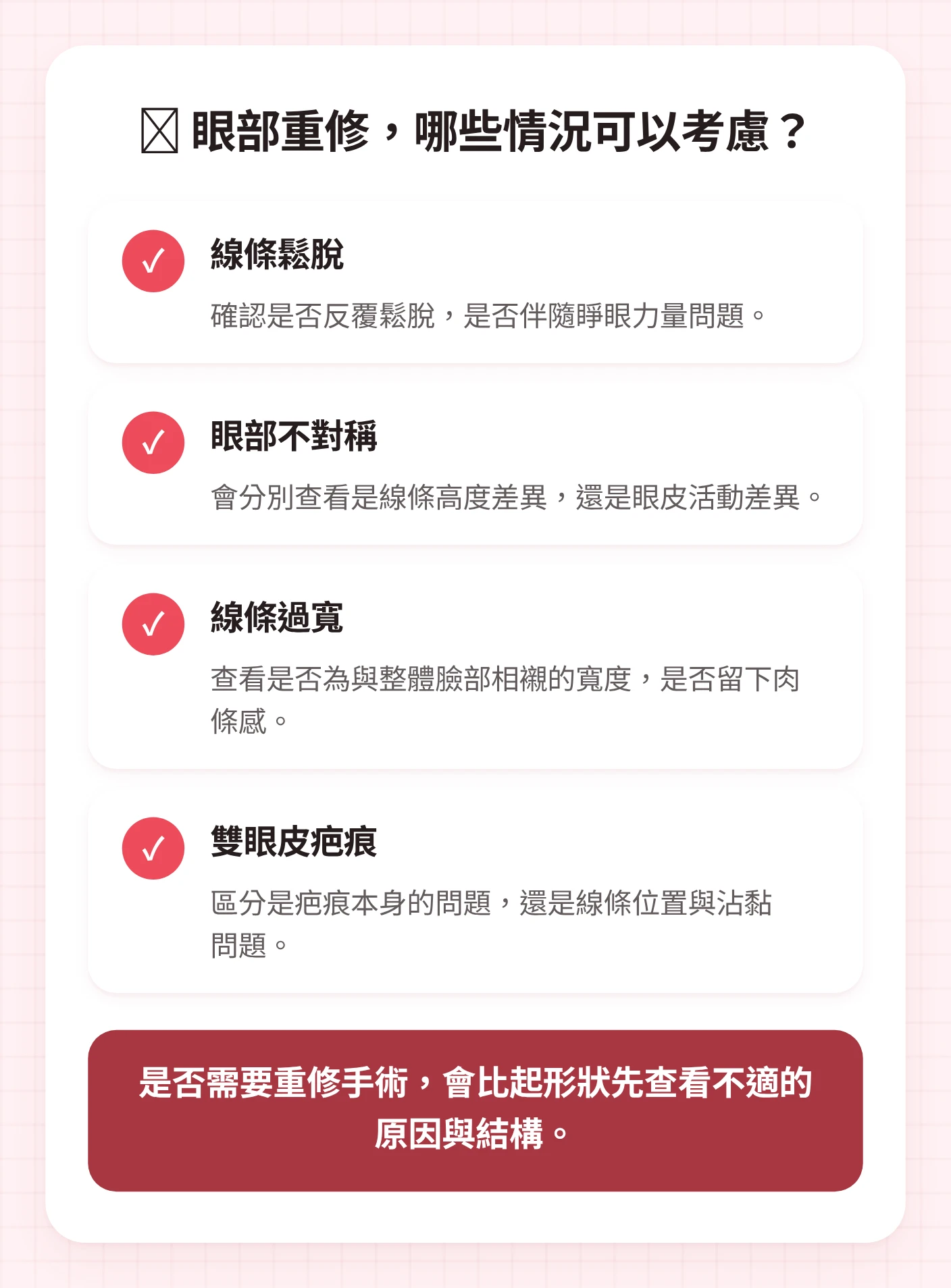整理金雲會院長眼部重修手術諮詢前，針對線條鬆脫、眼部不對稱、線條過寬、雙眼皮疤痕各項確認標準的圖示