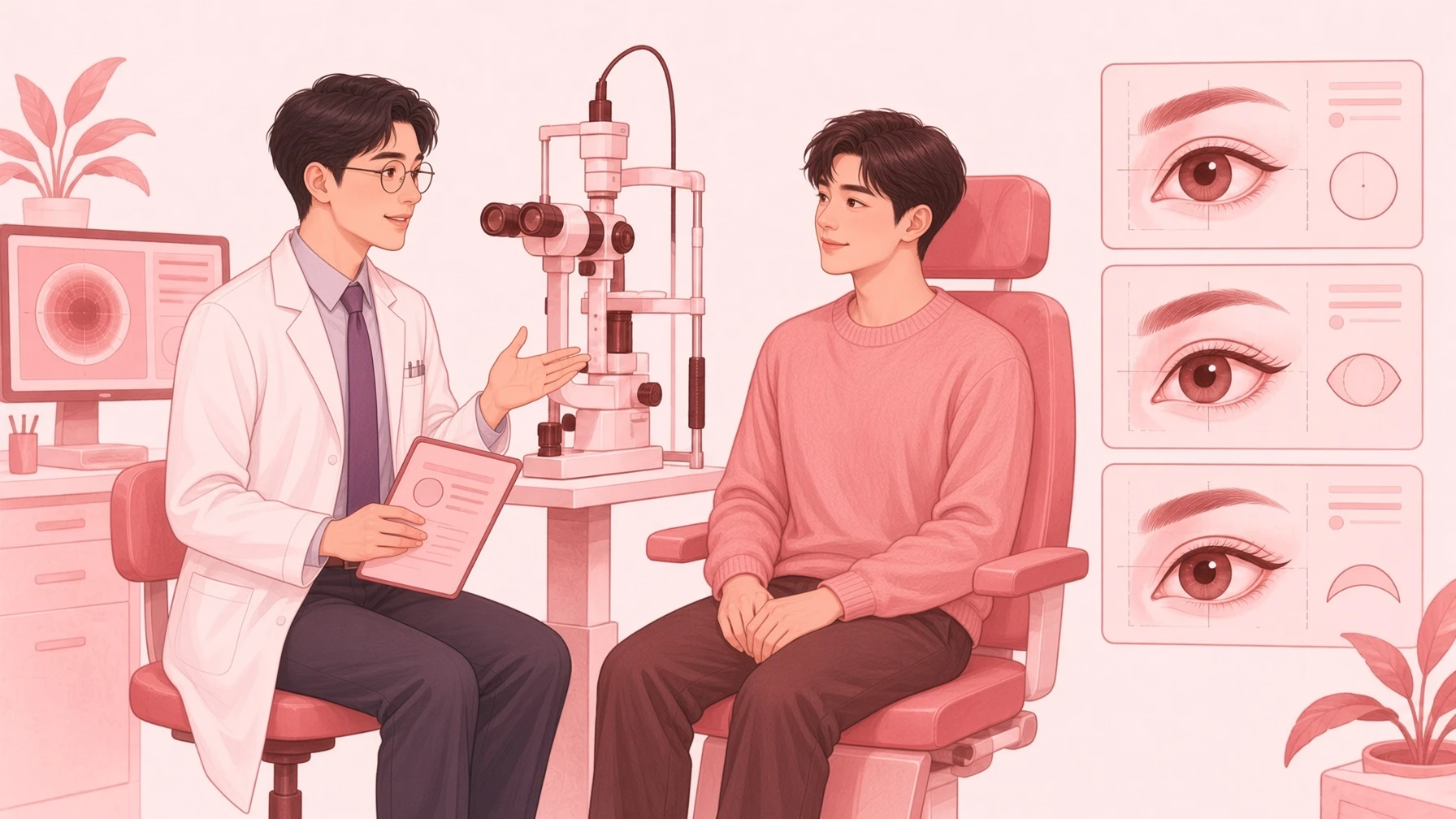 안과 또는 성형외과에서 의사가 환자에게 남자 눈매교정 비용 상담을 진행하며, 눈 검사 장비와 눈매 관련 설명 다이어그램이 함께 보이는 장면