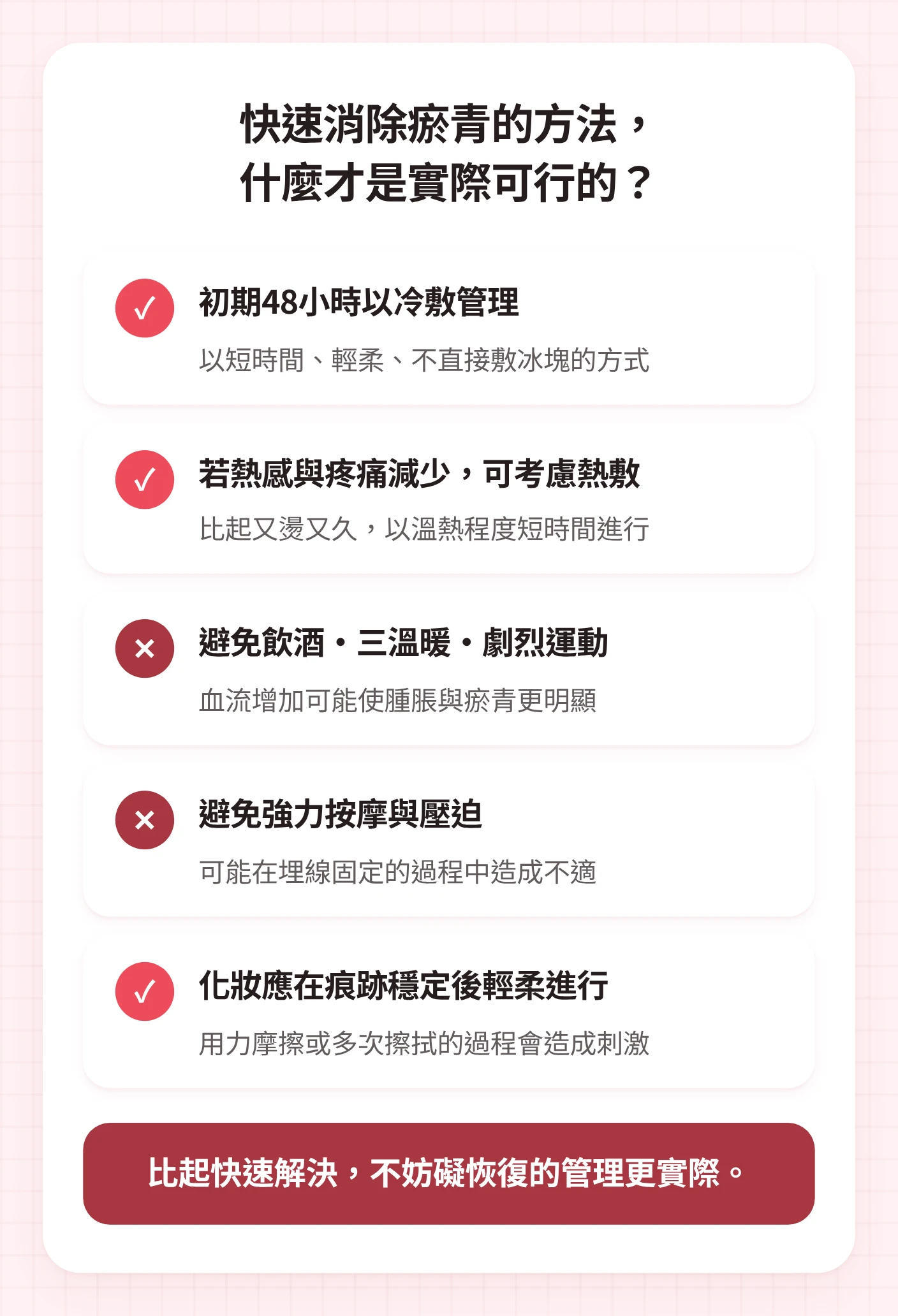 整理埋線拉提瘀青管理中初期冰敷、之後熱敷、應避免的酒精·三溫暖·運動·按摩,以及化妝基準的示意圖